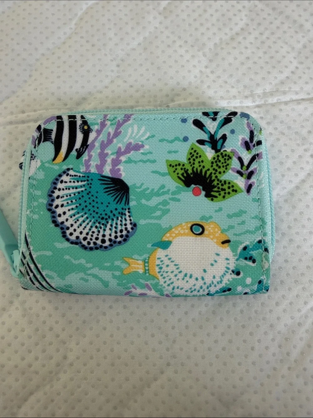 Vera Bradley Aqua Sea Life Zip Coin Wallet with Puffer Fish Print